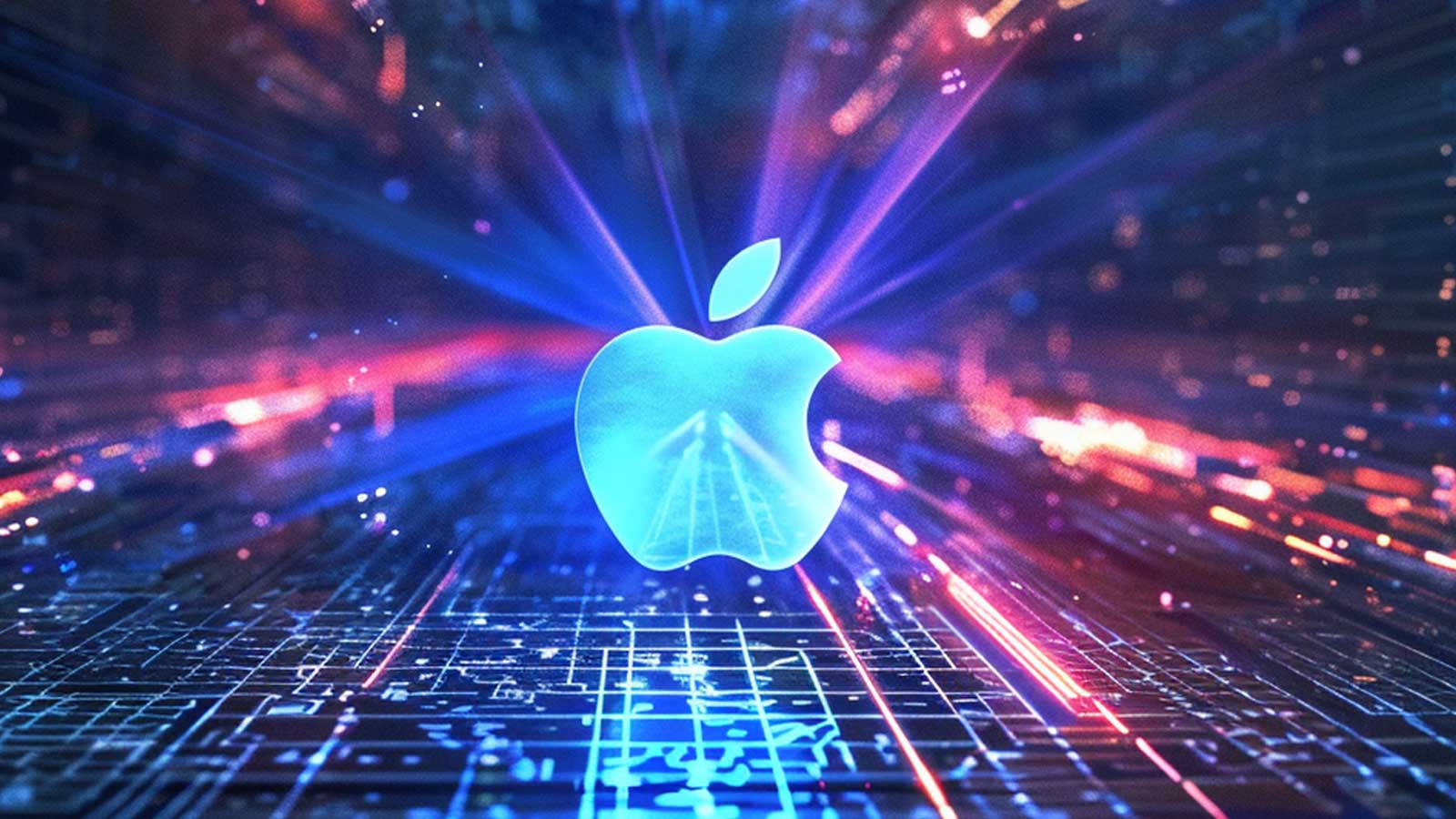 Apple logo with lights streaming about it
